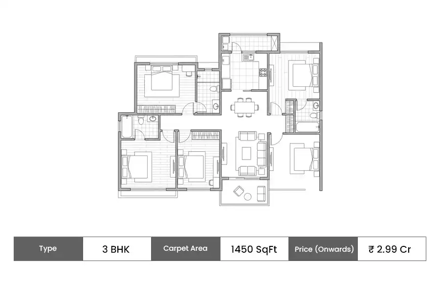 Hiranandani Hills 3 BHK floor plan, 1450 sq ft carpet area